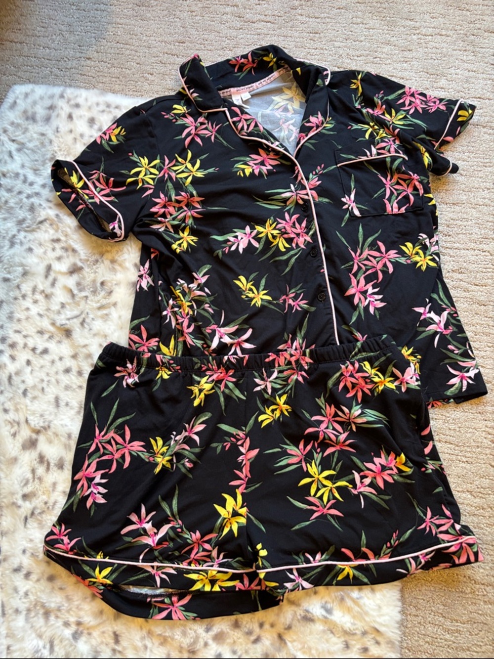 Women's Floral Short PJ Set - Black with Pink & Yellow Blooms